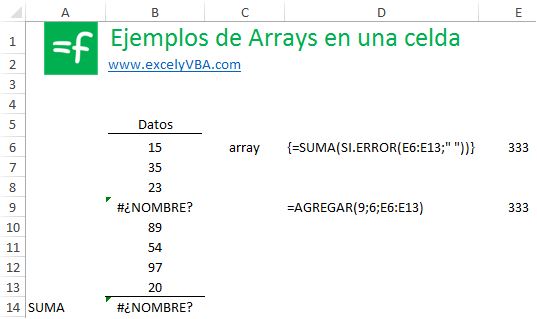 Ejemplo de fórmula array para sumar un rango que contiene valores erróneos